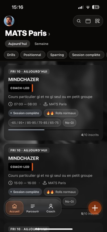 App MATS — filtres gi/no-gi, drilling ou sparring, intensité